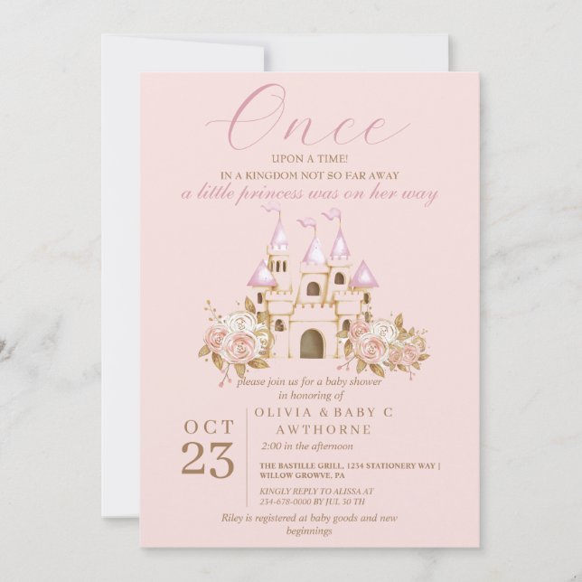 Rosa Guld Castle Princess Baby Shower Inbjudningar (Framsida)