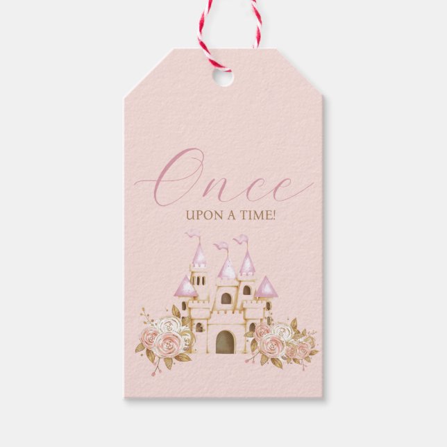 Rosa Guld Castle Princess Baby Shower Presentetikett (Framsidan)