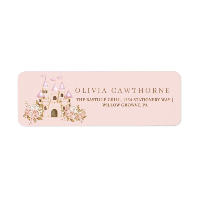 Rosa Guld Castle Princess Baby Shower Returadress Etikett (Framsidan)