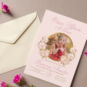 Rosa Guld Castle Princess Photo 1st Birthday Inbjudningar