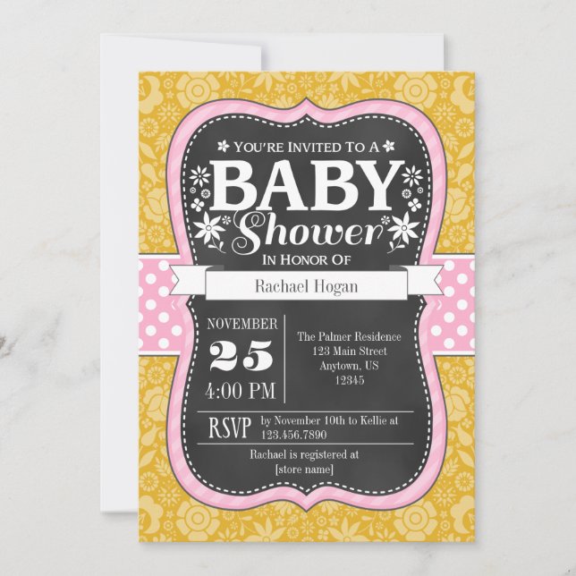 Rosa Guld Chalkboard Blommigt Baby Shower Inbjudan (Framsida)
