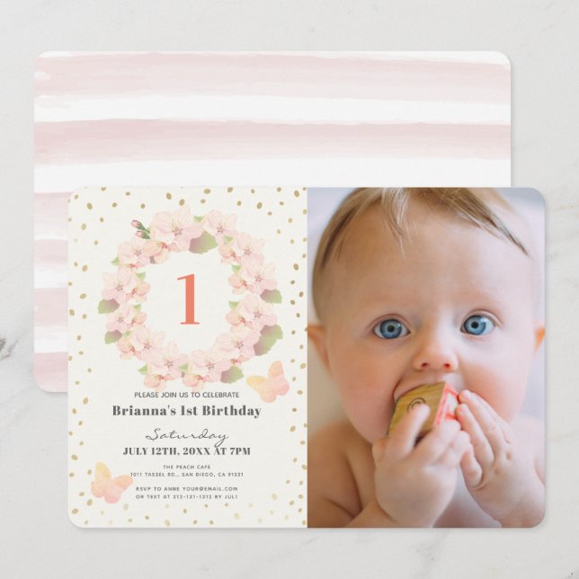 Rosa & Guld Cherry Blommar Girl Photo 1st Birthday Inbjudningar (Fram/baksida)