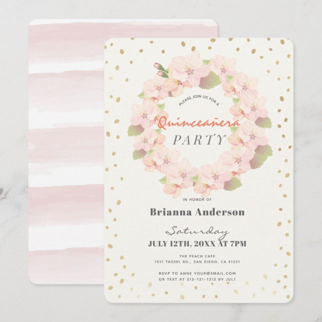 Rosa & Guld Cherry Blommar Utandning Quinceanera Inbjudningar (Fram/baksida)