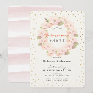 Rosa & Guld Cherry Blommar Utandning Quinceanera Inbjudningar
