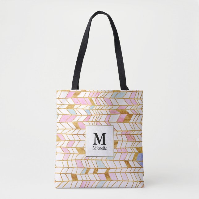 Rosa & Guld Chevron Mönster Monogram Tote Bag Tygkasse (Framsida)