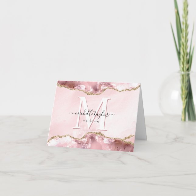  Rosa Guld Chic Glitter Guld Agate Monogram Anteckningskort (Framsida)