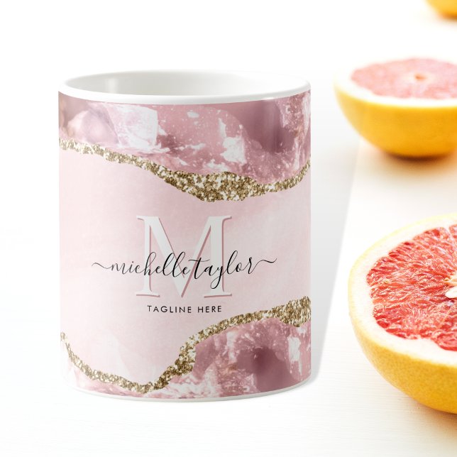  Rosa Guld Chic Glitter Guld Agate Monogram Kaffemugg (Skapare uppladdad)