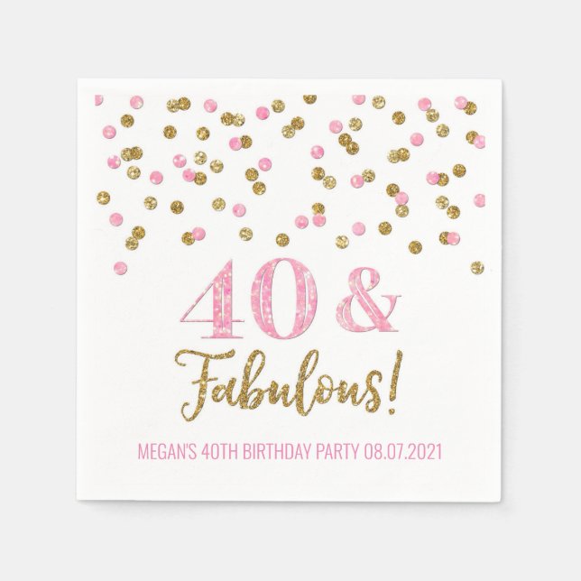 Rosa Guld Confetti 40 & Fabulous Birthday Pappersservett (Framsidan)