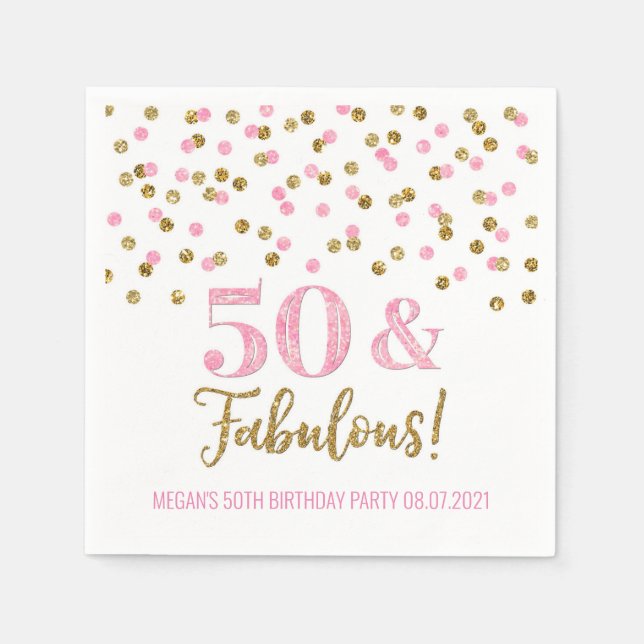 Rosa Guld Confetti 50 & Fabulous Birthday Pappersservett (Framsidan)