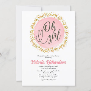 Rosa Guld Confetti Baby Shower Oh girl bjudning Inbjudningar