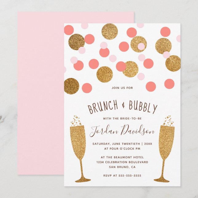 Rosa & Guld Confetti Brunch & Bubbly-inbjudningar Inbjudningar (Fram/baksida)