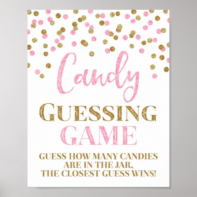 Rosa Guld Confetti Candy Guessing Game Sign Poster (Framsidan)