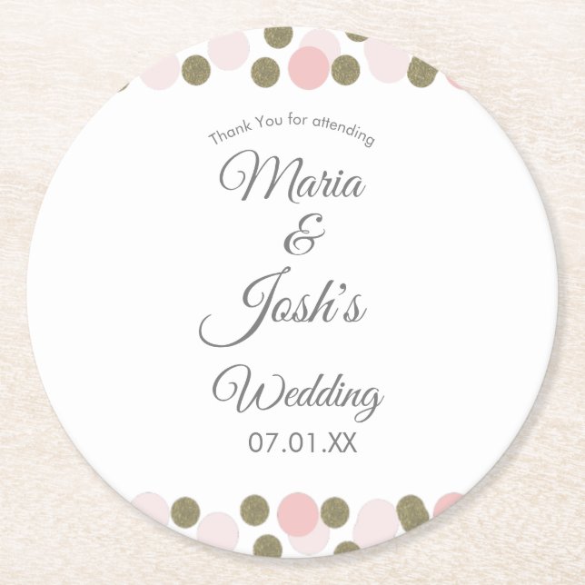 Rosa Guld Confetti Dots Gräns Bröllop Underlägg Papper Rund (Framsidan)