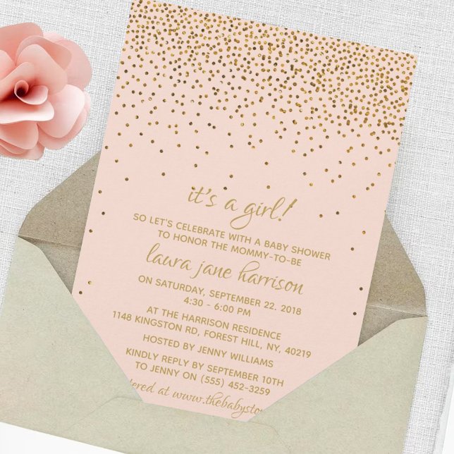  Rosa & Guld Confetti Girl's Baby Shower Inbjudningar (Skapare uppladdad)