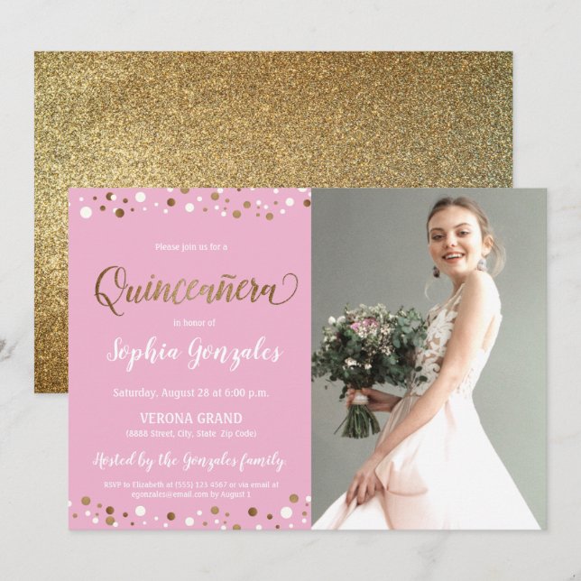 Rosa Guld Confetti Quinceanera foto 15 födelsedaga Inbjudningar (Fram/baksida)