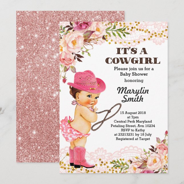 Rosa guld- Cowgirlbaby showersnöre Inbjudningar (Fram/baksida)