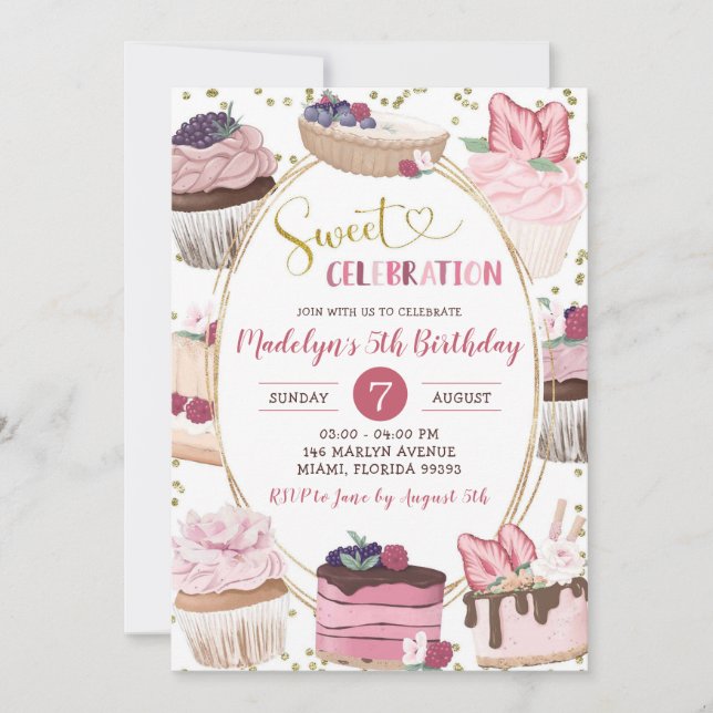 Rosa Guld Cupkaka Sweet Firande Girl Birthday Inbjudningar (Framsida)