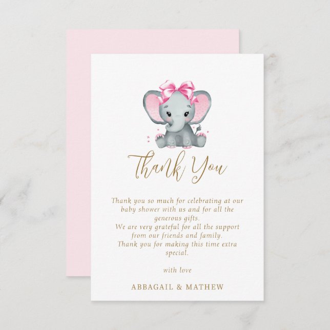  Rosa Guld Cute Elephant Elegant Baby Shower Tack Kort (Fram/baksida)