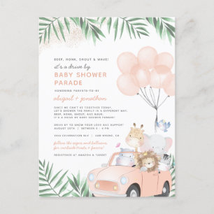 Rosa & Guld Cute Safari Drive by Baby Shower Inbjudan Vykort