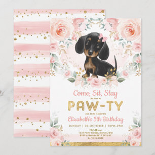 Rosa Guld Dachshund Girls Birthday Puppy Pet Hund Inbjudningar