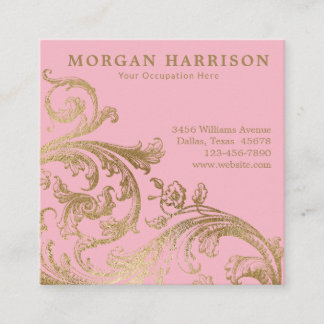 Rosa Guld Damask Baroque Swirl Fyrkantigt Visitkort