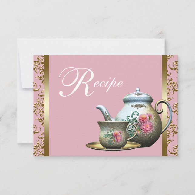 Rosa Guld Damask Te-kopp Receptkort (Framsida)