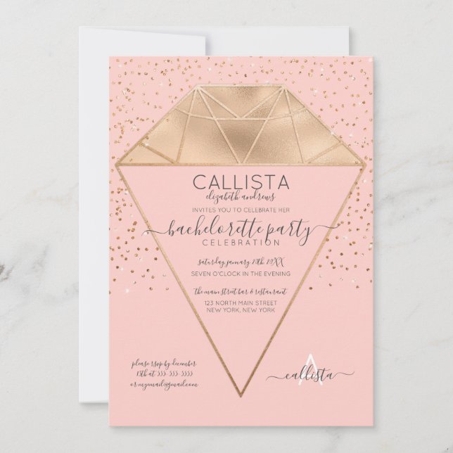 Rosa Guld Diamond Confetti Glitter Bachelorette Inbjudningar (Framsida)