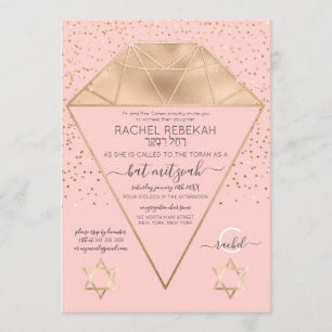 Rosa Guld Diamond Confetti Glitter Bat mitzvah Inbjudningar