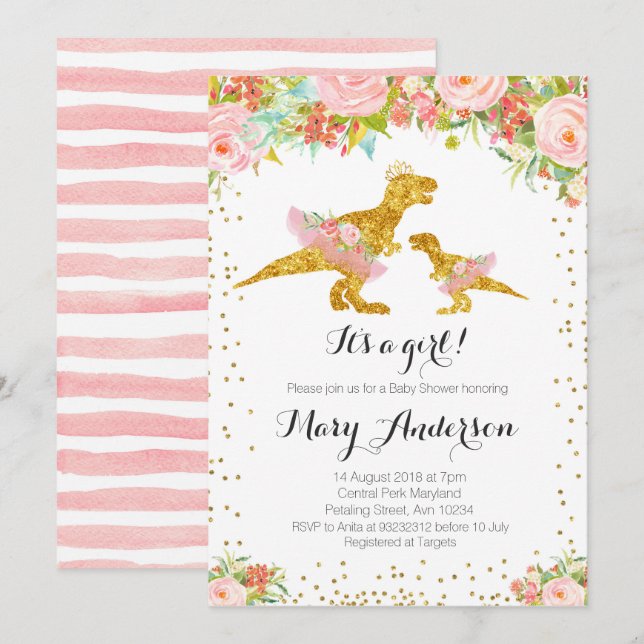 Rosa Guld Dino Girl Baby Shower Inbjudan (Fram/baksida)