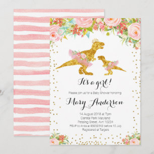 Rosa Guld Dino Girl Baby Shower Inbjudan