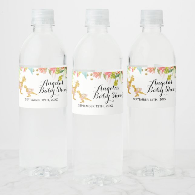 Rosa Guld Dino Girl Vattenflaska Label Vattenflaskor Etikett (Flaskor)