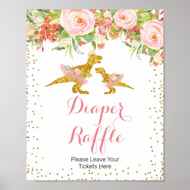 Rosa Guld Dino Girl Watercolor Diaper Raffle-skylt Poster (Framsidan)