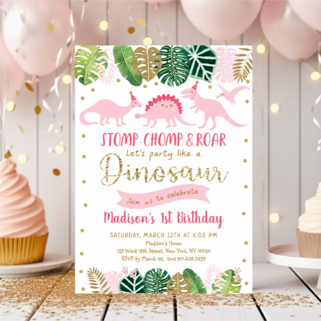 Rosa Guld Dinosaur Birthday Inbjudningar (Skapare uppladdad)