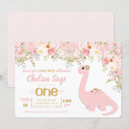 Rosa & Guld Dinosaur Blommigt Flickfödelsedag Inbjudningar