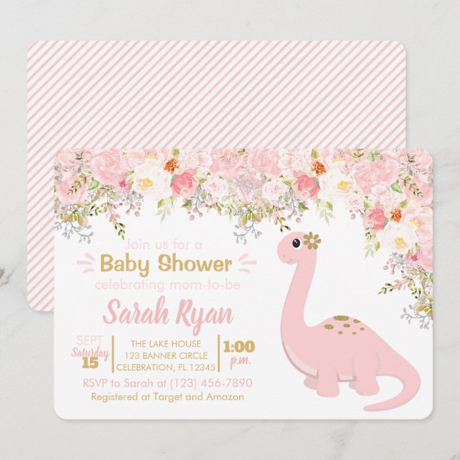 Rosa & Guld Dinosaur Blommigt Girl Baby Shower Inbjudningar (Fram/baksida)