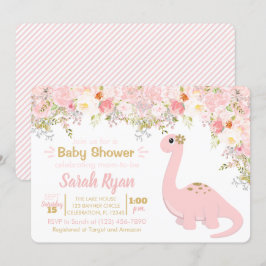 Rosa & Guld Dinosaur Blommigt Girl Baby Shower Inbjudningar