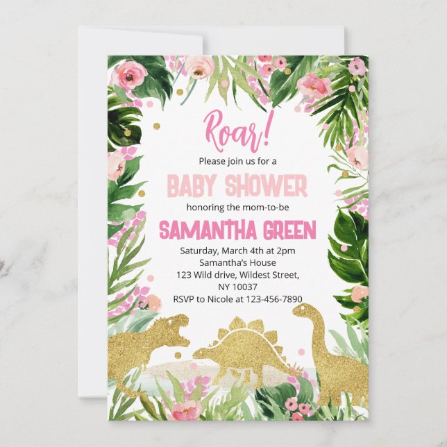 Rosa Guld Dinosaurie Bebis firande Inbjudningar (Framsida)