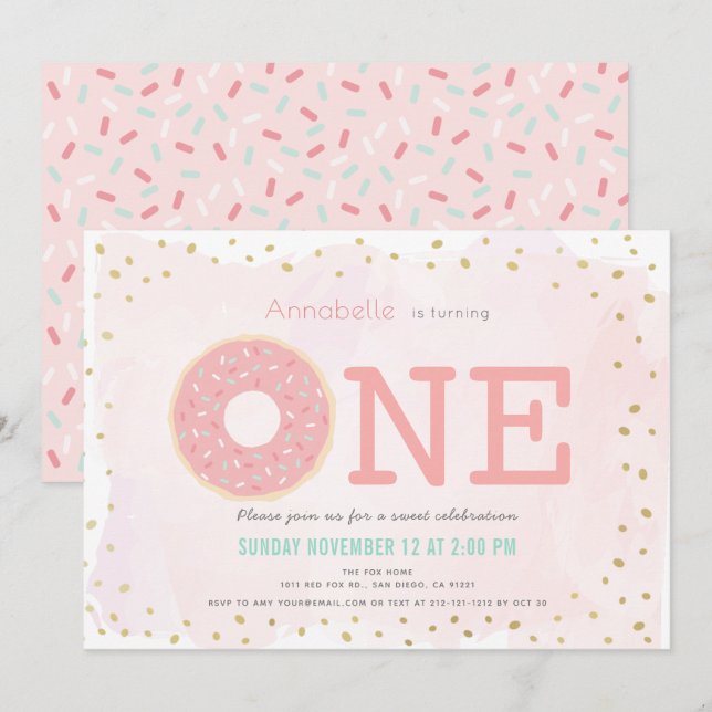 Rosa & Guld Donut Girl 1:a födelsedagen Inbjudningar (Fram/baksida)