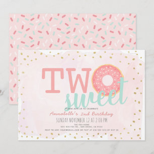Rosa & Guld Donut Two Sweet Girl 2nd Birthday Inbjudningar