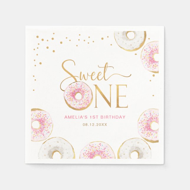 Rosa Guld Donuts Sweet One 1st Birthday Pappersservett (Framsidan)