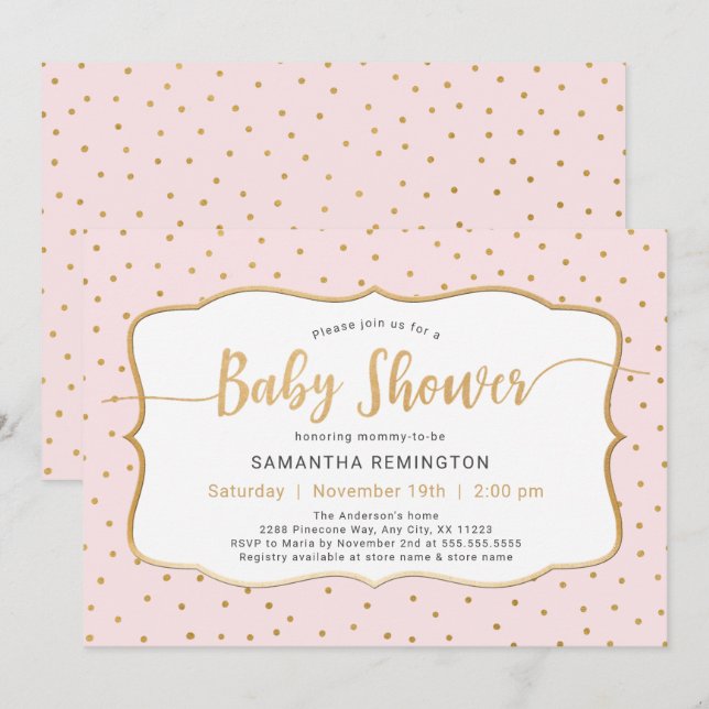 Rosa Guld Dot Girl Baby Shower Inbjudningar (Fram/baksida)