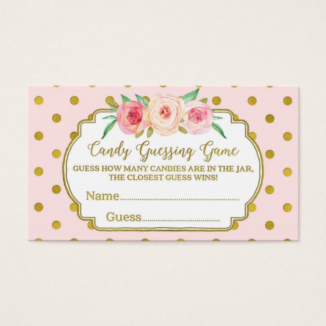 Rosa Guld Dots Baby Shower Candy Guessing Game Visitkort (Framsidan)