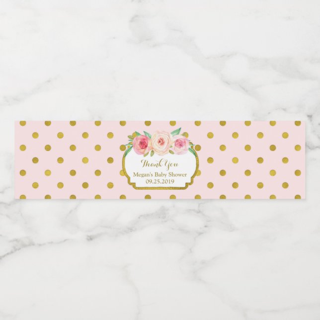 Rosa Guld Dots Baby Shower Vattenflaska Label Vattenflaskor Etikett (Singel etikett)
