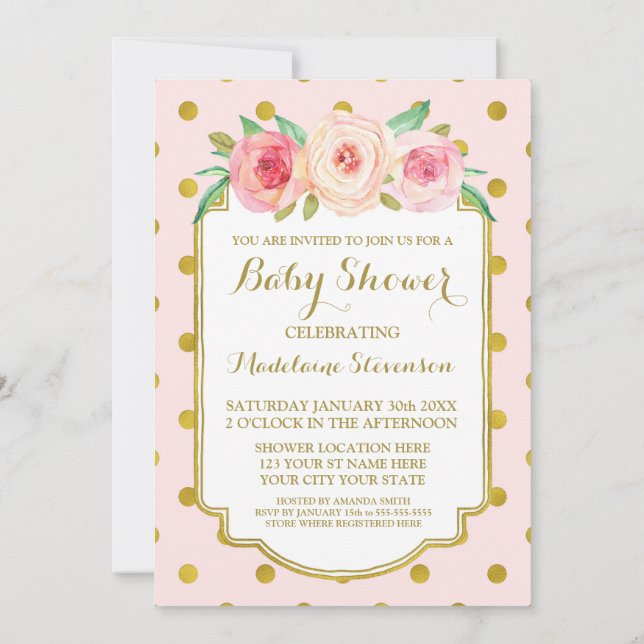 Rosa Guld Dots Watercolor Blommigt Baby Shower Inbjudningar (Baksida)