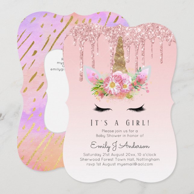 Rosa Guld Drip Glitter Unicorn Flicka Shower Inbjudningar (Fram/baksida)