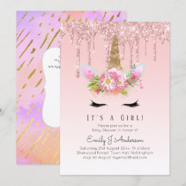 Rosa Guld Drip Glitter Unicorn Flicka Shower Inbjudningar