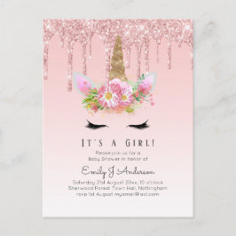 Rosa Guld Drip Glitter Unicorn Flicka Shower Vykort