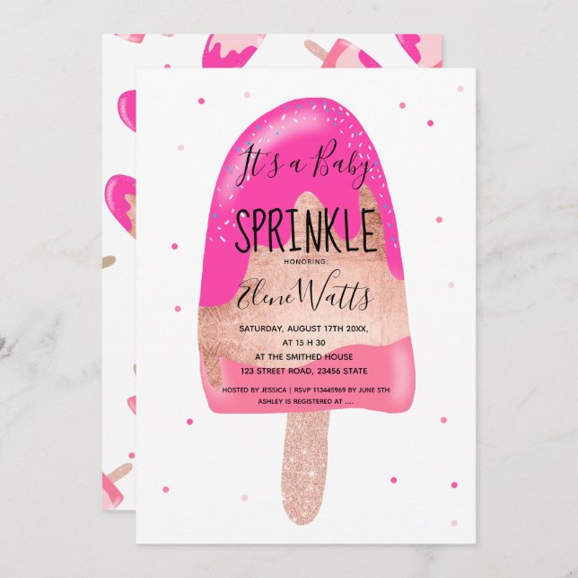 Rosa guld- dusch för stänk för glasssommarbebis inbjudningar (Fram/baksida)