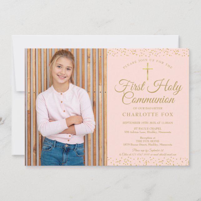  Rosa Guld Dust First Heliga Communion Foto Inbjudningar (Framsida)