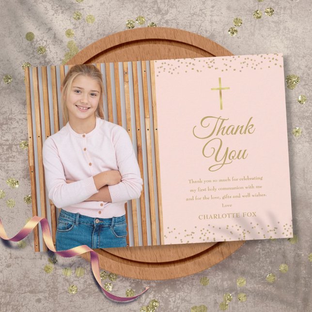  Rosa Guld Dust First Heliga Communion Foto Tack Kort (Skapare uppladdad)